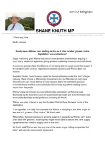 thumbnail of MEDIA RELEASE Knuth slams Wilmar over stalling tactics as it tries to label grower choice legislation ‘unconstitutional’
