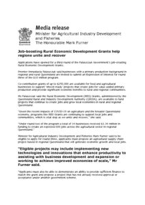 thumbnail of QLD GOVT MEDIA RELEASE – Job boosting Rural Development Grants
