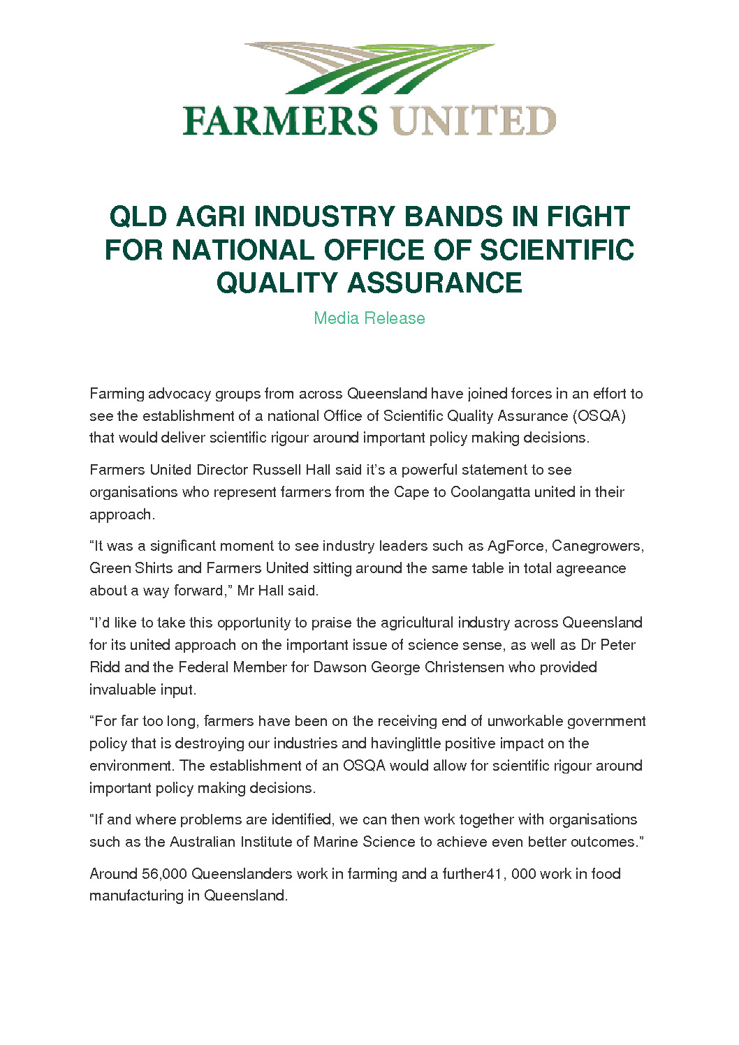 thumbnail of QLD AGRI INDUSTRY BANDS IN FIGHT FOR NATIONAL OFFICE OF SCIENTIFIC QUALITY ASSURANCE