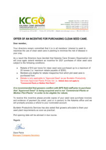 thumbnail of OFFER OF AN INCENTIVE FOR PURCHASING CLEAN SEED CANE.docx 2021 Season.pdf Email to Growers