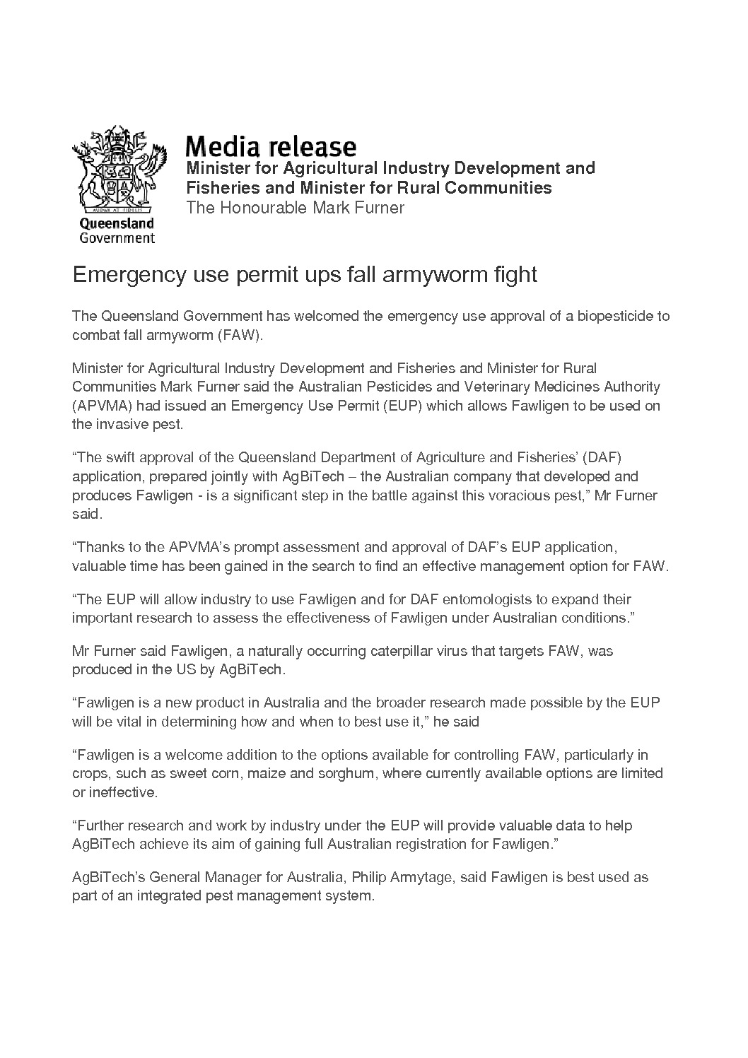 thumbnail of qld GOVT MEDIA RELEASE – FALL ARMYWORM