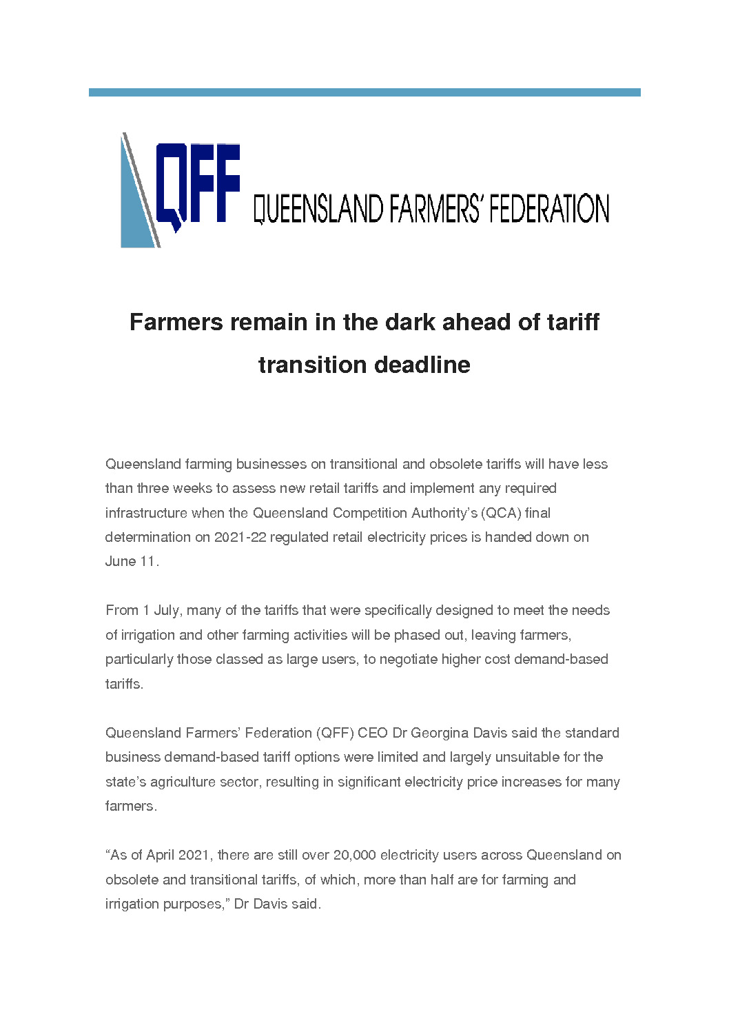 thumbnail of QFF Media Release – Farmers remain in the dark ahead of tariff transition deadline