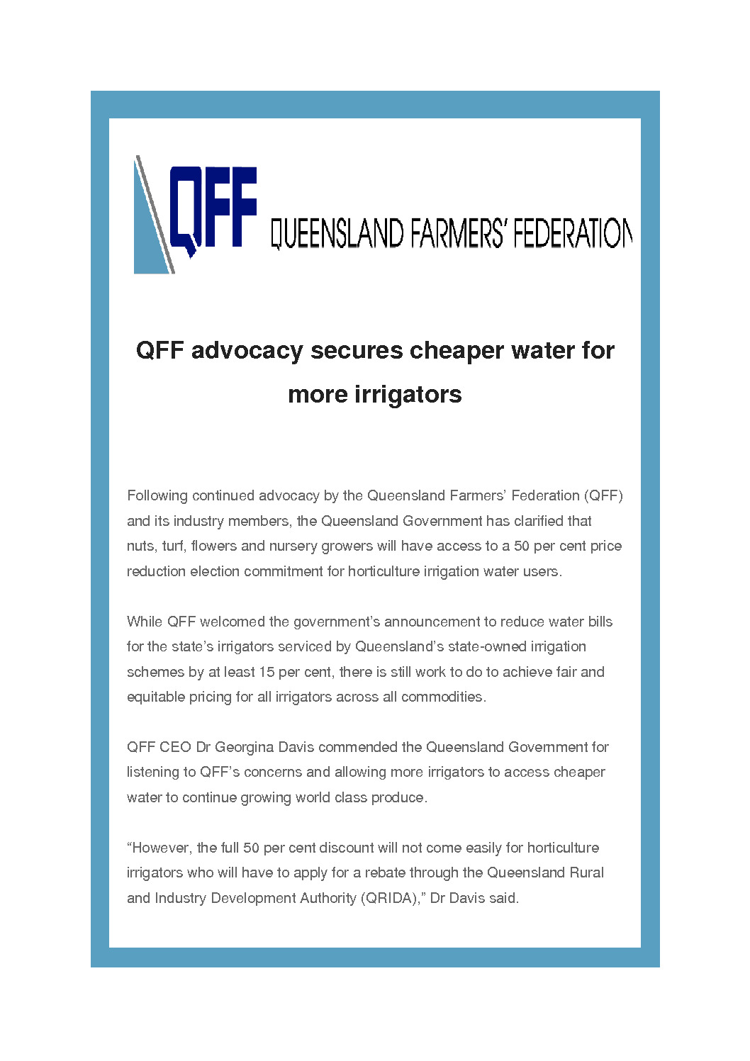 thumbnail of QFF Media Release – advocacy secures cheaper water for more irrigators