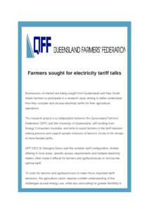 thumbnail of QFF Media Release – Farmers sought for electricity tariff talks