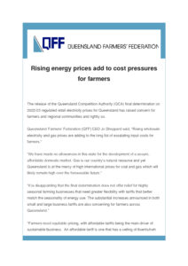 thumbnail of QFF Media Release – Rising energy prices add to cost pressures for farmers